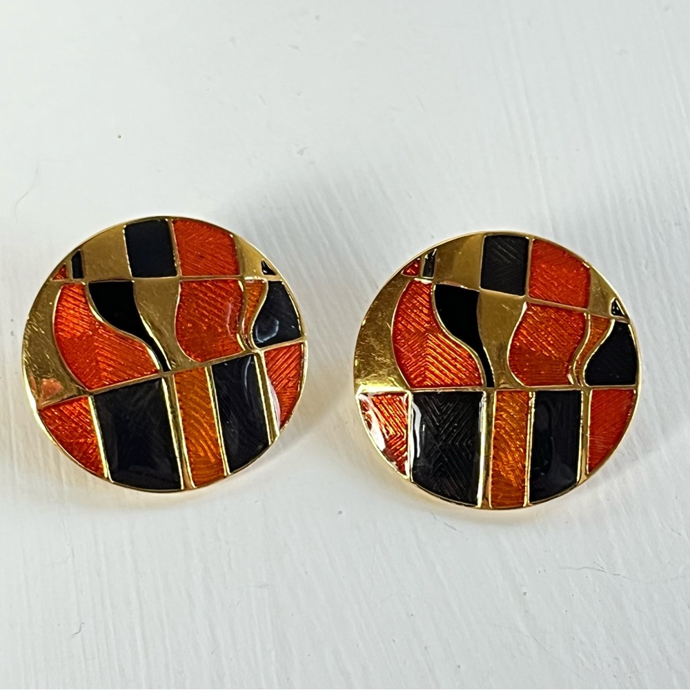 Abstract Enamel Clip On Earrings in Orange, Black, and Gold Tones